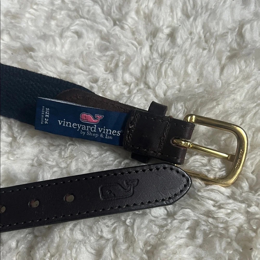 Vineyard Vines Kids Pink and Brown Patterned Genuine Leather Belt Gold Buckle